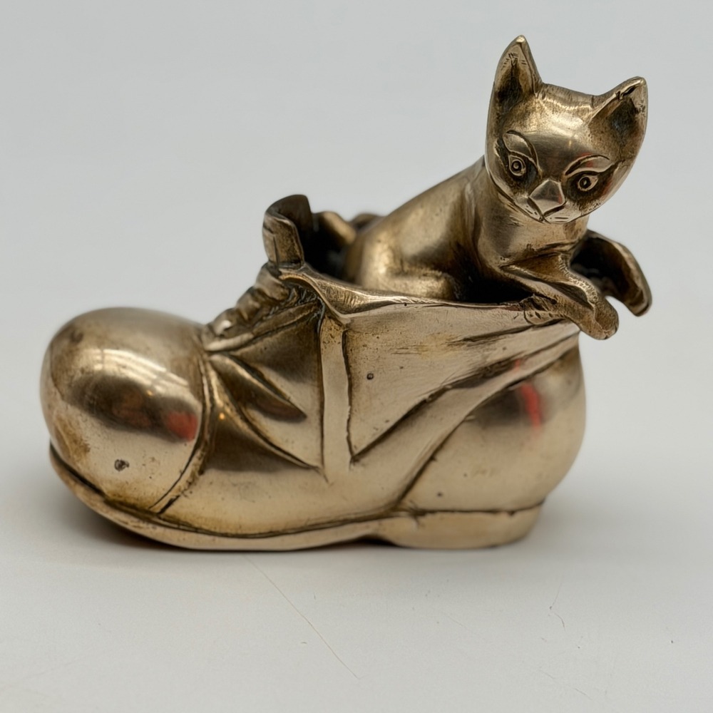 Vintage Solid Brass Cat in Shoe Figurine Hand Made in India Mid Century Decor